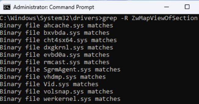 Potentially-vulnerable uses of ZwMapViewOfSection in Windows 11 kernel drivers