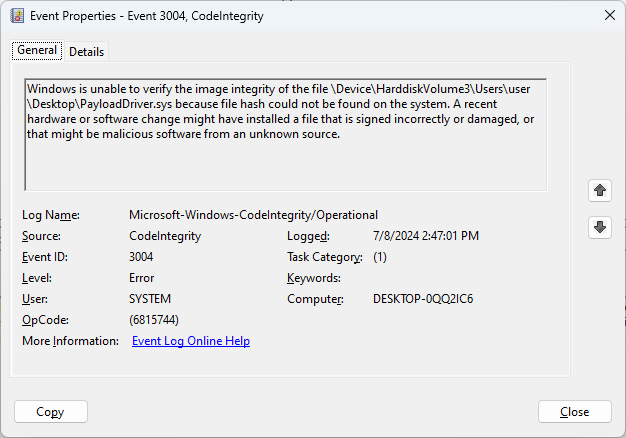 Microsoft-Windows-CodeIntegrity/Operational event log showing an invalid driver signature