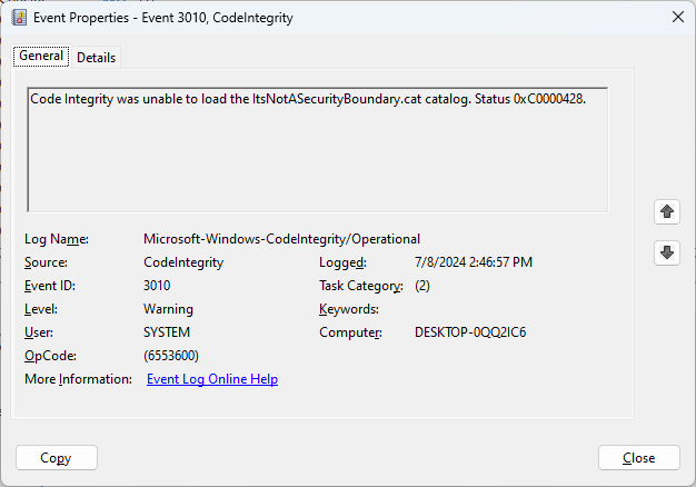 Microsoft-Windows-CodeIntegrity/Operational event log showing an invalid security catalog