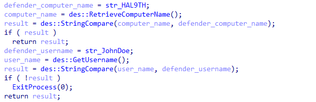 Microsoft Defender emulation check using computer name and username